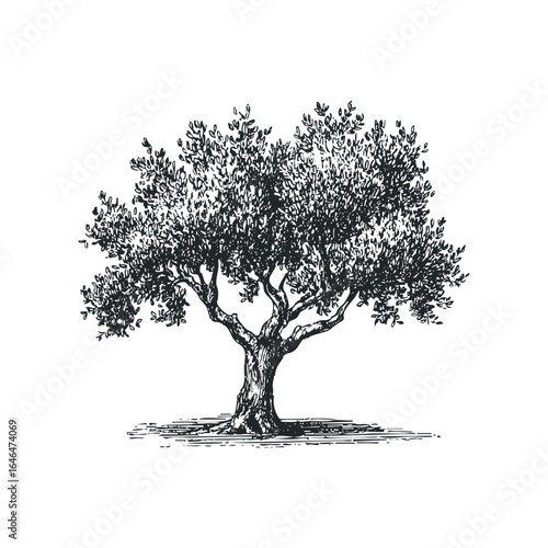 Detailed line drawing of a mature olive tree with dense foliage