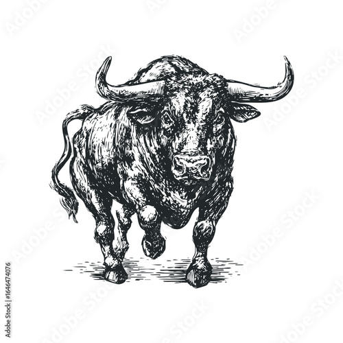 Powerful Bull Charging Forward in Sketch Style