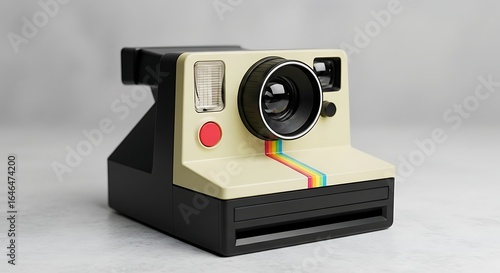 Vintage instant camera with rainbow stripe evokes nostalgic memories and retro vibes