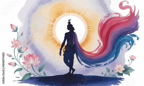 Krishna Janmashtami silhouette of Lord Krishna in divine aura with artistic background in vibrant colors