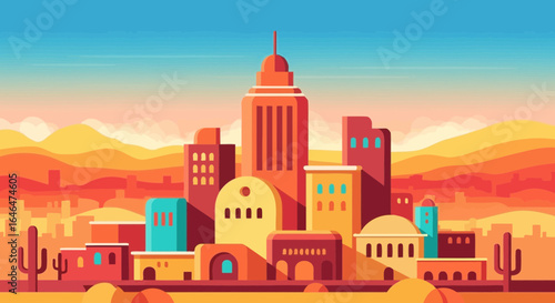 Vibrant vector illustration showcasing a stylized desert cityscape in geometric art