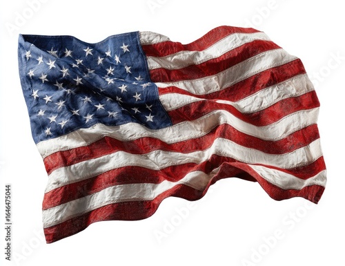 A weathered, flowing US flag against white