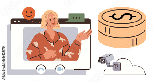 Female presenter in video call interface, currency stack, security camera, and cloud symbol. Ideal for virtual communication, online finance, data protection, remote work, cybersecurity digital