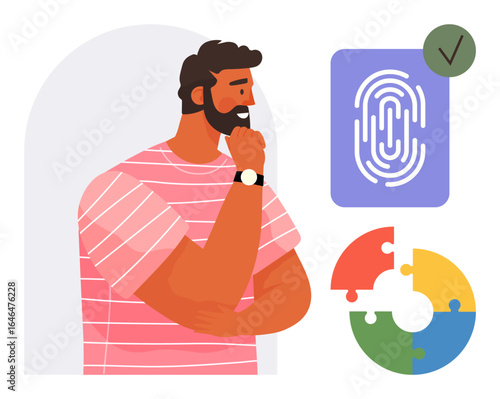 Man contemplating fingerprint authentication and puzzle, symbolizing security, identification, problem-solving, and innovation. Ideal for technology, analytics, privacy, teamwork decision-making