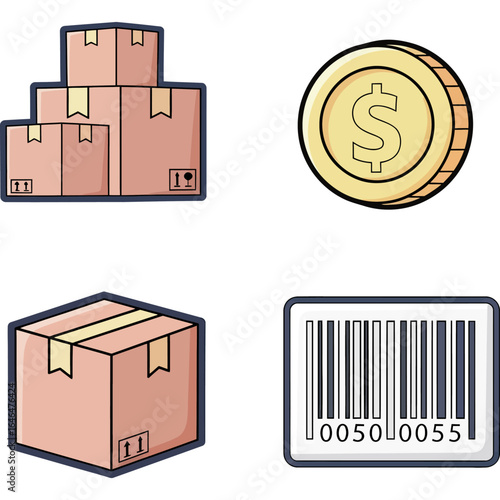 Collection of icons representing business and commerce boxes, coin, and barcode