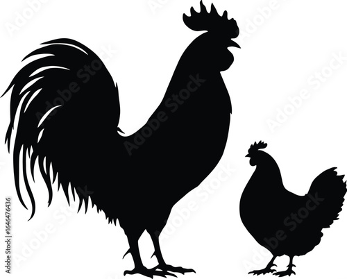 Silhouettes of Rooster and Hen with Distinctive Comb and Tail Feathers—Farm Animal Illustration for Educational Printables, Rustic Decor, and Poultry-Themed Design Assets
