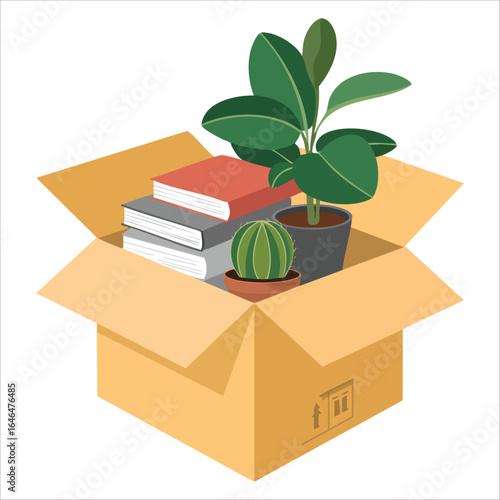 packed office belongings box vector art isolated white