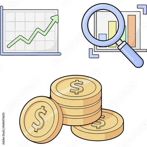 Illustrative representation of financial growth, business analytics, and investment strategies with charting data trends and monetary success.