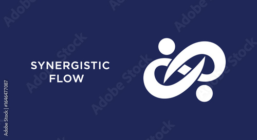Synergistic Flow. Abstract infinity logo icon representing partnership, connection, and collaboration. Modern business concept on a blue background.