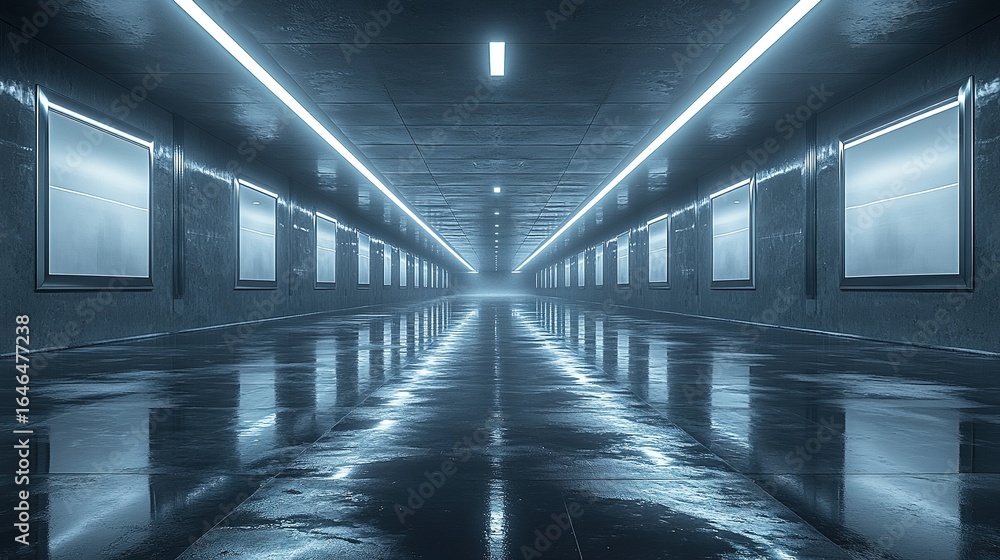 Fototapeta premium Long corridor with neon lights and reflective floor creating a futuristic scene.