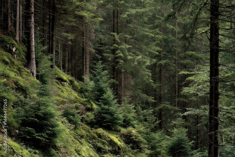 Obraz premium Dense, mossy forest slope. Lush green conifers fill the scene, sloping upward