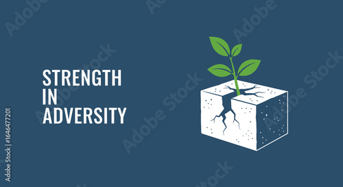 STRENGTH IN ADVERSITY. A green plant sprout growing through a crack in a concrete block. Concept of resilience, hope, and overcoming challenges.