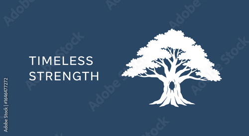 Timeless Strength. White silhouette of a large old oak tree on a blue background. Symbol of stability, endurance, and growth. Vector illustration.