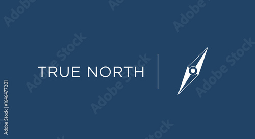 TRUE NORTH logo concept with compass needle. Business direction, guidance, and strategy symbol on blue background.