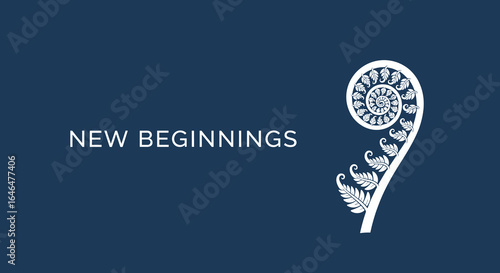 New Beginnings with unfurling fern frond koru symbol. Concept of growth, new life, and fresh start. Minimalist vector illustration on blue background.