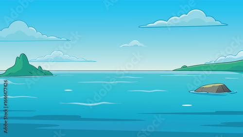 Calm turquoise sea with islands and clouds cartoon