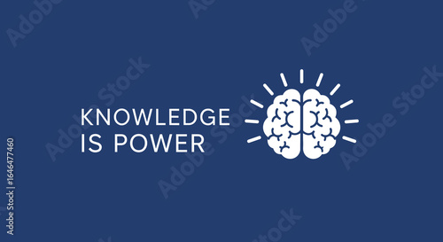 Knowledge is power. Conceptual illustration of a glowing brain icon representing intelligence, learning, ideas, and education on a blue background.