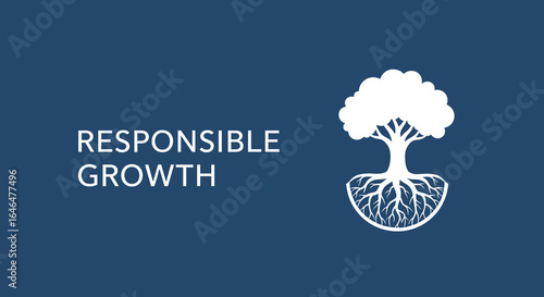 Responsible Growth. White tree icon with visible roots on a blue background. Concept of sustainable business development and environmental care.