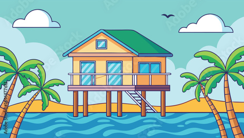 Yellow beach house on stilts with palm trees ocean