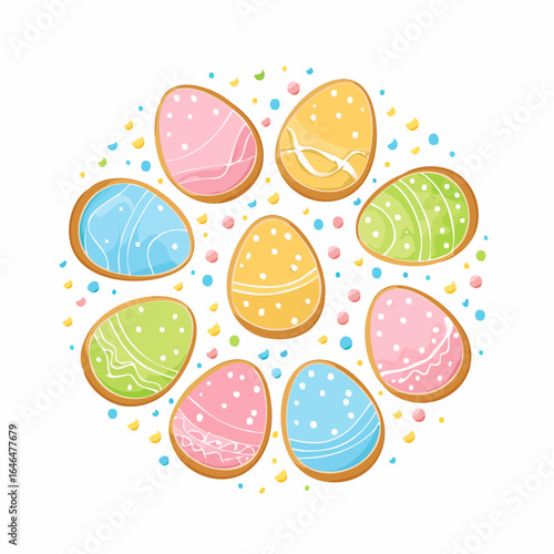 Easter gingerbread cookies in the shape of eggs in cartoon style
4