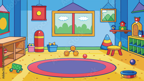 Vibrant children playroom with toys and furniture colorful