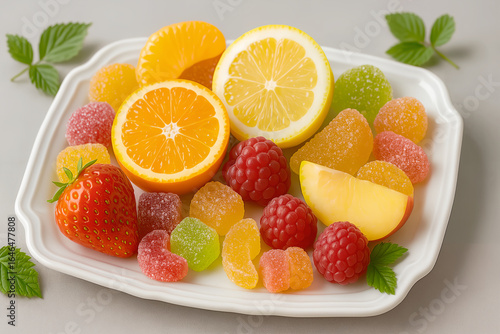 Marmalade and fruits with berries such as lemon, orange, tangerine, raspberry, strawberry on a porcelain tray on a white table.
