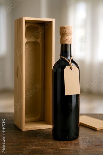 A bottle of elite wine stands on a table with a paper label on a burlap string with a burlap capsule, next to it lies an open wine box with a formed insert made of cork filling. Against the background