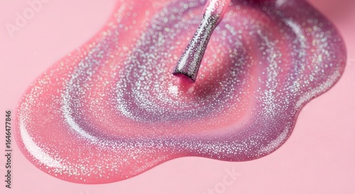 A close up shot of pink and purple glitter nail polish with a brush on a pink background surface
