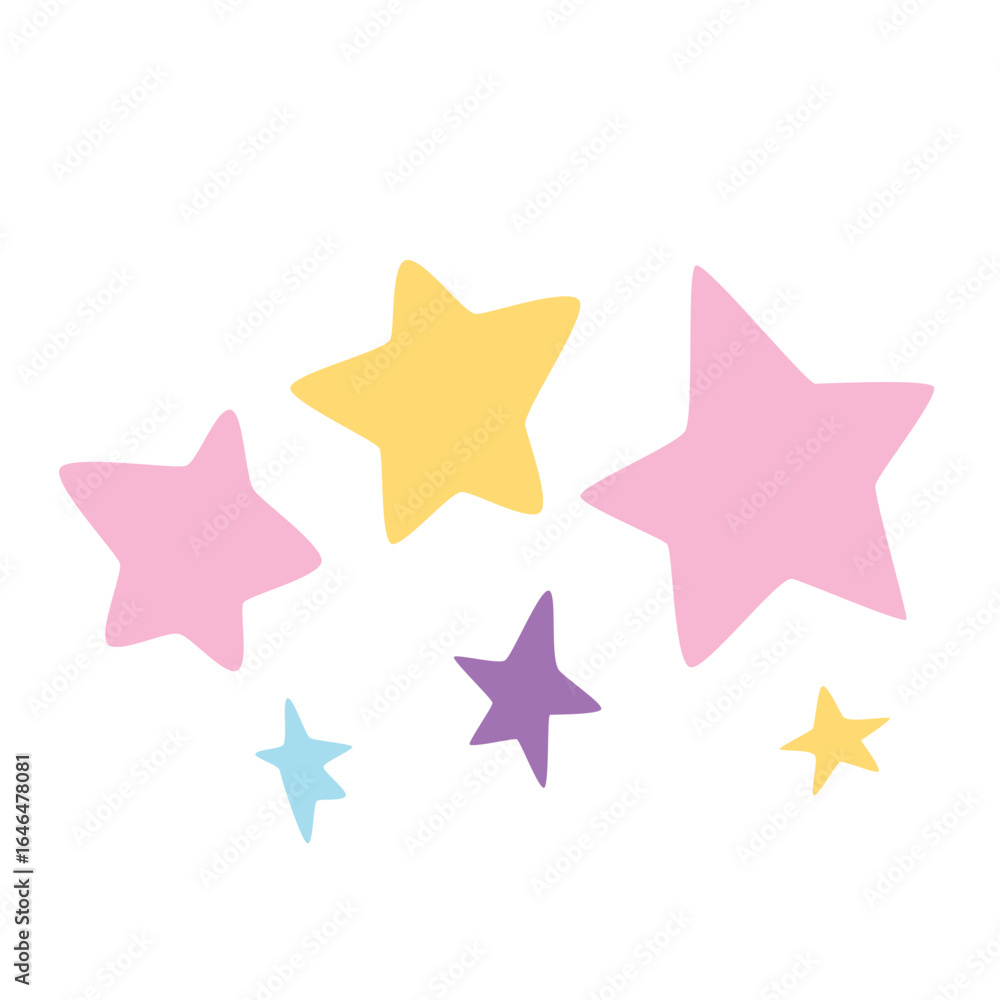 Obraz premium Set of pastel stars in pink, purple, and yellow isolated on white background, flat 2D decorative design, vector illustration graphic.