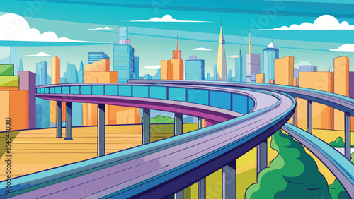 Elevated highway curving through cityscape urban architecture