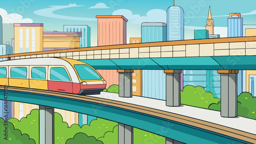 Yellow red train on elevated track with city buildings