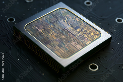 The processor in a cross-section of a silicon crystal horizontally so that the microarchitecture is visible. On a black textolite plate.
