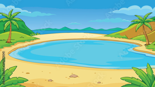 Tropical lagoon beach palm trees ocean sand water