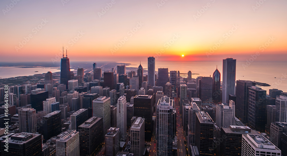 Fototapeta premium Chicago Skyline with Peach and Light Purple Sunset 3D Cityscape for Modern Wallpapers