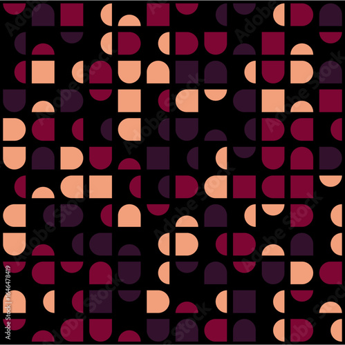 Abstract pattern featuring squares and semi circles in a repetitive and colorful design scheme