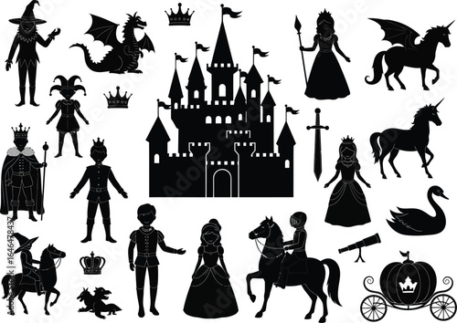 Collection of black silhouette fairytale characters and elements including a castle dragon unicorn princess prince knight and carriage