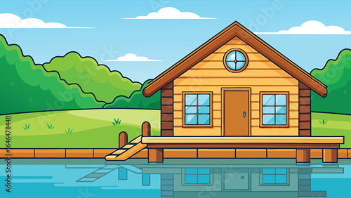 Wooden lakeside house with green hills and blue sky
