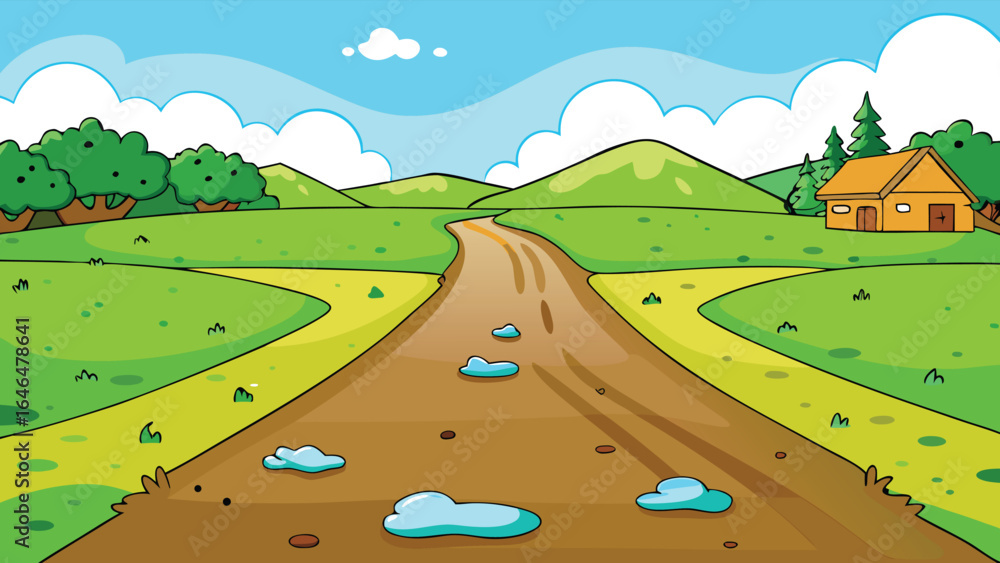 Naklejka premium Muddy village road with green hills and house cartoon