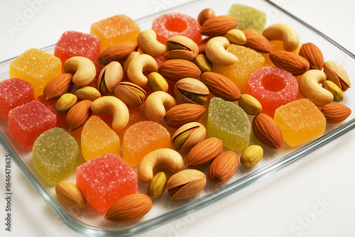 Marmalade and nuts such as pistachios, cashews, almonds, peanuts, on a glass tray on a white table.
