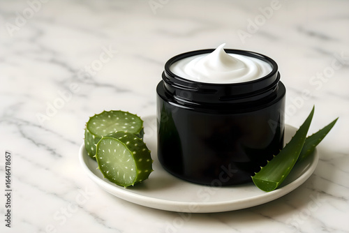 An open jar of black face cream sits on a saucer with sliced aloe and cactus. Against a white table.
