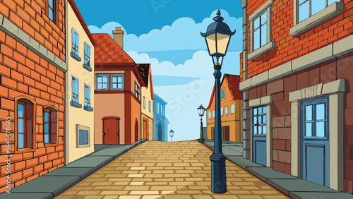 Old city street with brick buildings and lamppost cartoon