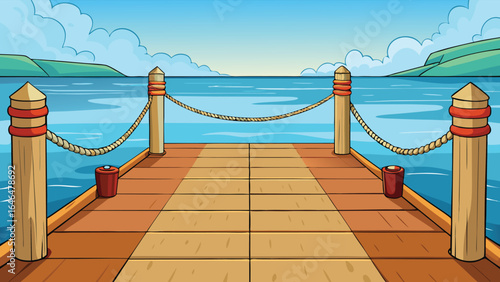 Wooden pier overlooking blue ocean and green hills