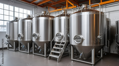 Modern Beer Factory. Small steel tanks for fermentation of beer.