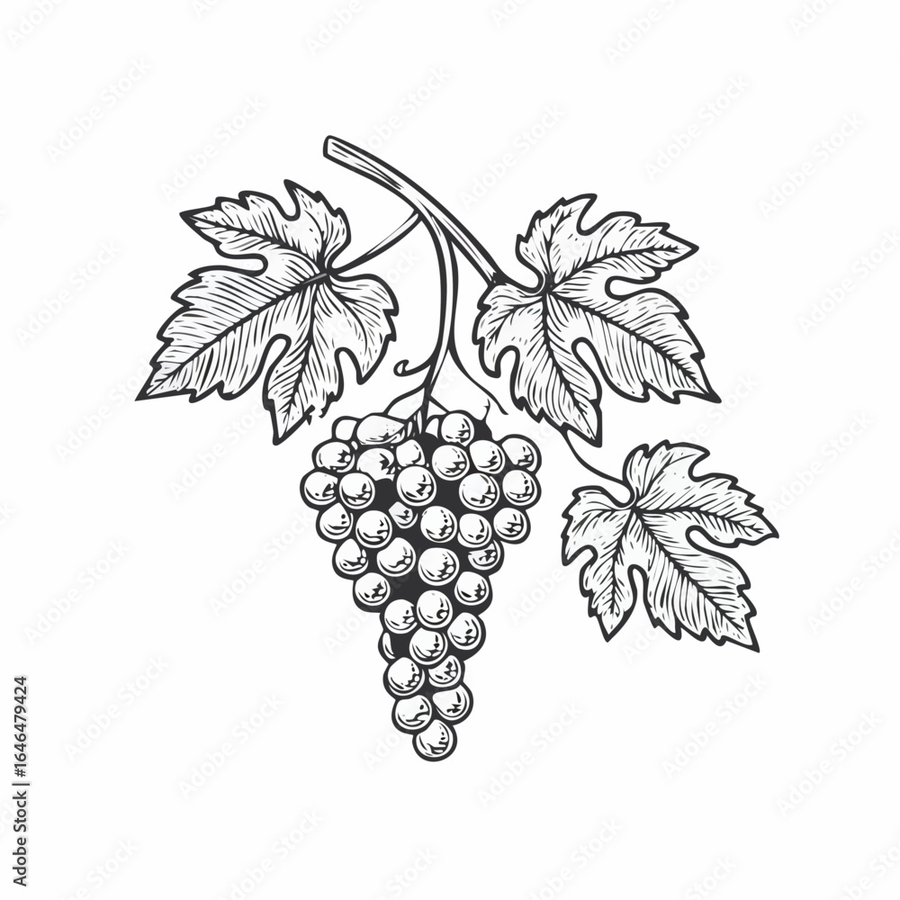Obraz premium Grape branch vintage engraving sketch illustration with detailed botanical line art of clustered fruit and leaves, perfect for vineyard themes, wine label designs, vintage botanical prints, 