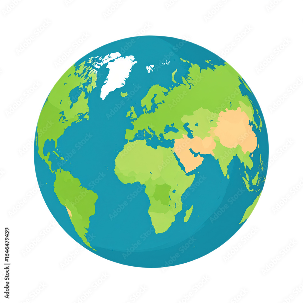Naklejka premium A digital illustration of Earth showing continents including Europe, Africa, Asia, and parts of the Americas with simplified landmasses and oceans in vibrant colors