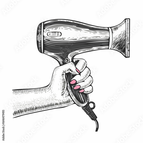 Hair dryer in hand vintage engraving sketch illustration with detailed retro line art of a person holding a styling tool, perfect for beauty themes, hairdressing artwork, vintage salon prints,