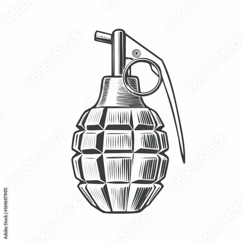 Hand grenade bomb vintage engraving sketch illustration with detailed retro line art of the classic explosive device, perfect for military history themes, war concept designs, vintage weapon prints, 