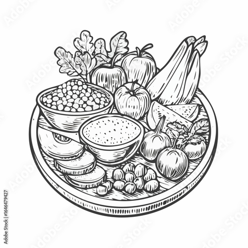 Healthy food vintage engraving sketch illustration with detailed retro line art of nutritious ingredients, perfect for culinary themes, diet and wellness designs, vintage kitchen prints