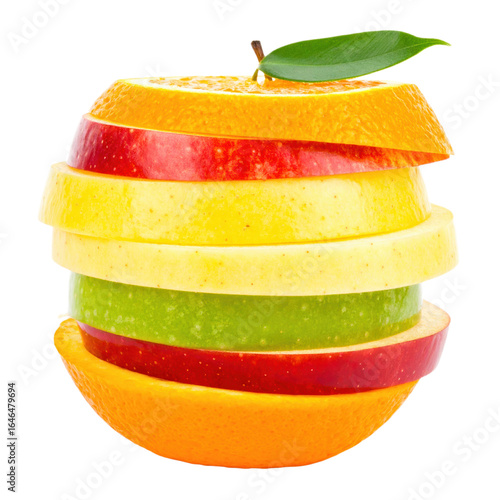 Stacked slices of various fruits including orange, red apple, yellow apple, green apple, and another orange slice, topped with a green leaf and a small stem