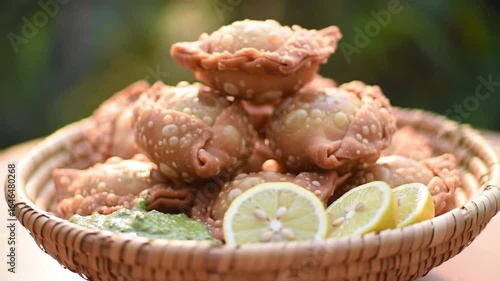 Delicious Gujiya Stacked in Woven Basket with Lemon Wedges and Green Chutney, Indian Sweet Treat